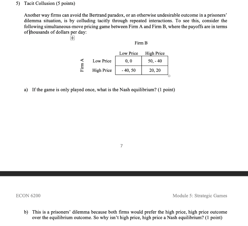 Solved 5 Tacit Collusion 5 Points Another Way Firms Can Chegg