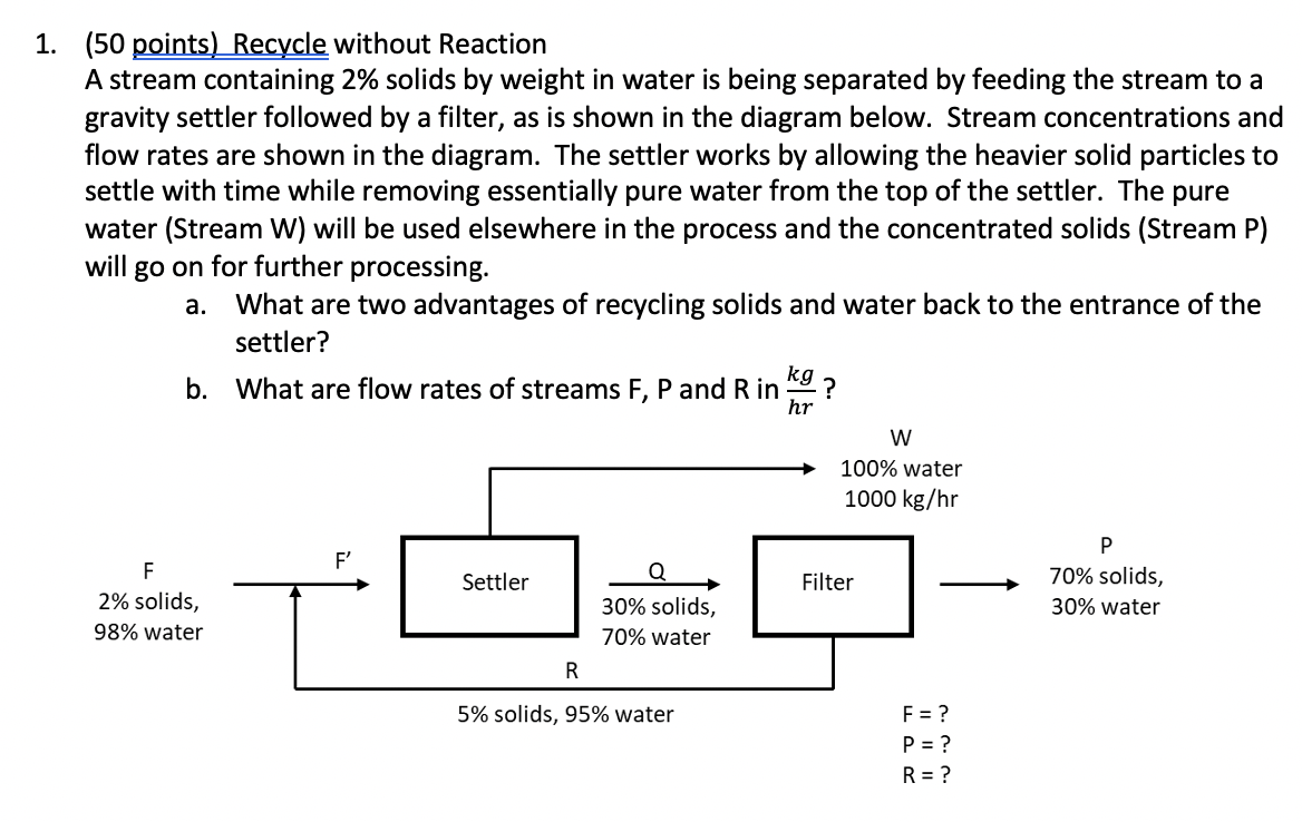 Solved 1. (50 Points) Recycle Without Reaction A Stream | Chegg.com