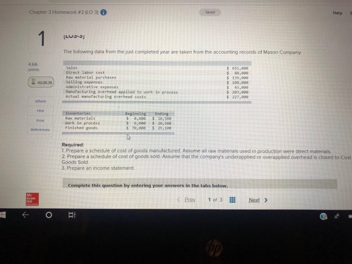 Solved Chapter 3 Homework #2 (LO 3) Saved Help S LUS-S The | Chegg.com