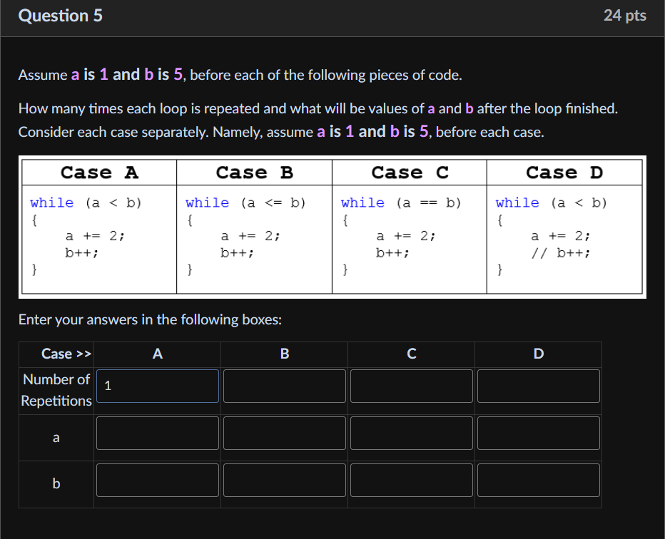 Solved Assume a is 1 and b is 5 , before each of the | Chegg.com