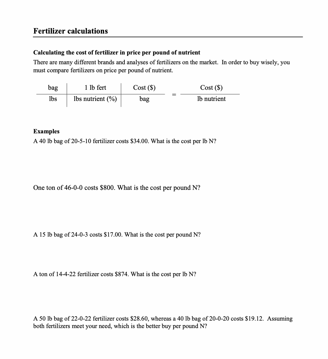 Solved Fertilizer Calculations Calculating The Cost Of Chegg