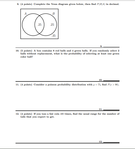 Solved 9. (4 Points) Complete The Venn Diagram Given Below, 