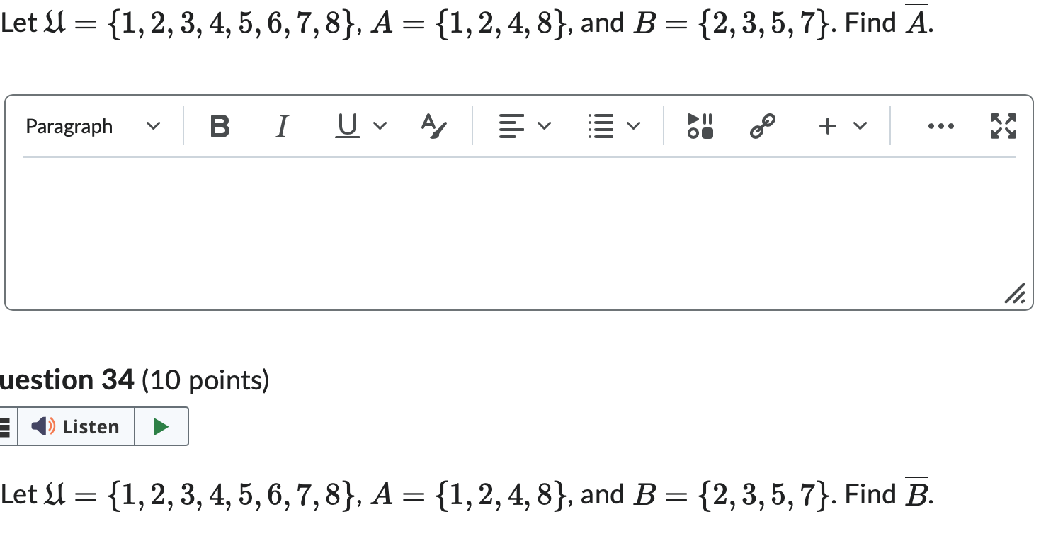 Solved Let U={1,2,3,4,5,6,7,8},A={1,2,4,8}, And B={2,3,5,7}. | Chegg.com