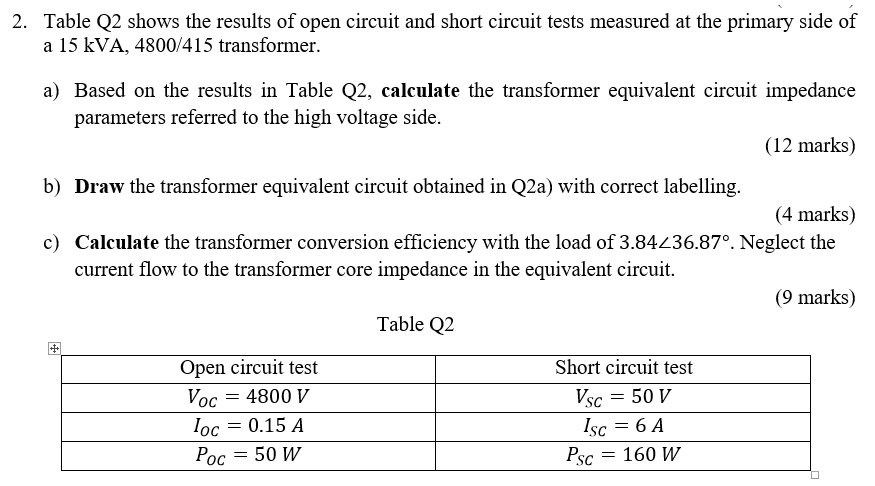 Solved 2. Table Q2 shows the results of open circuit and | Chegg.com