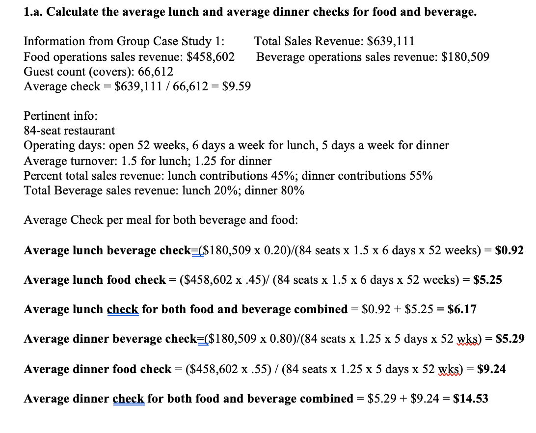 1.a. Calculate the average lunch and average dinner