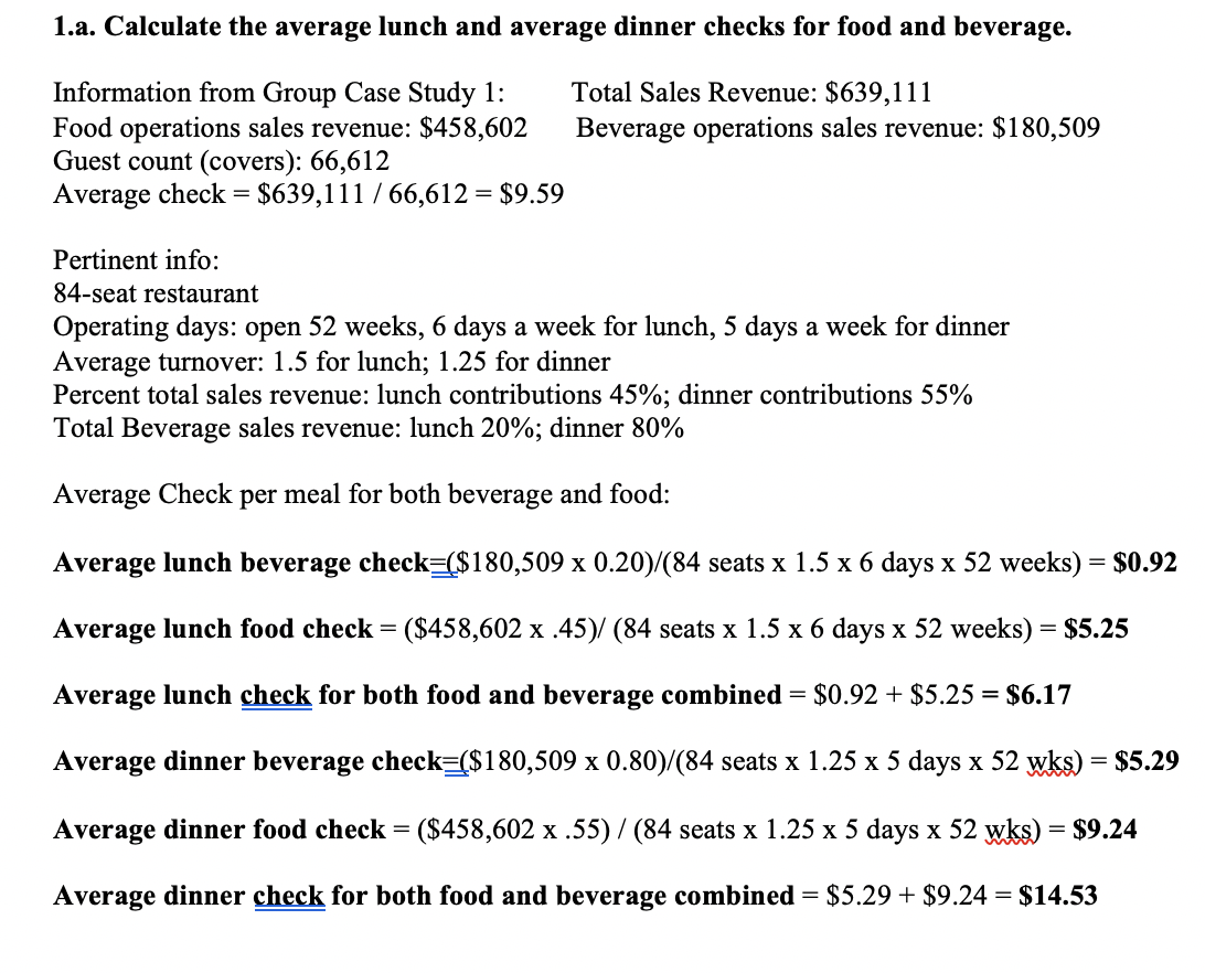 1 a Calculate The Average Lunch And Average Dinner Chegg