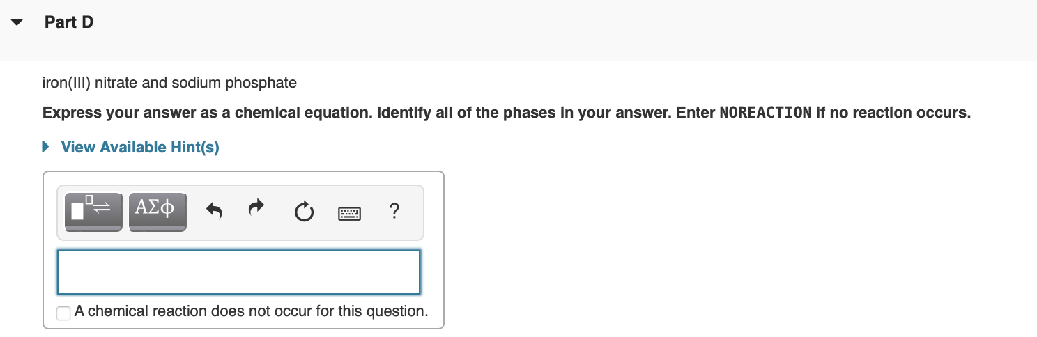 iron(III) nitrate and sodium phosphate
Express your answer as a chemical equation. Identify all of the phases in your answer.