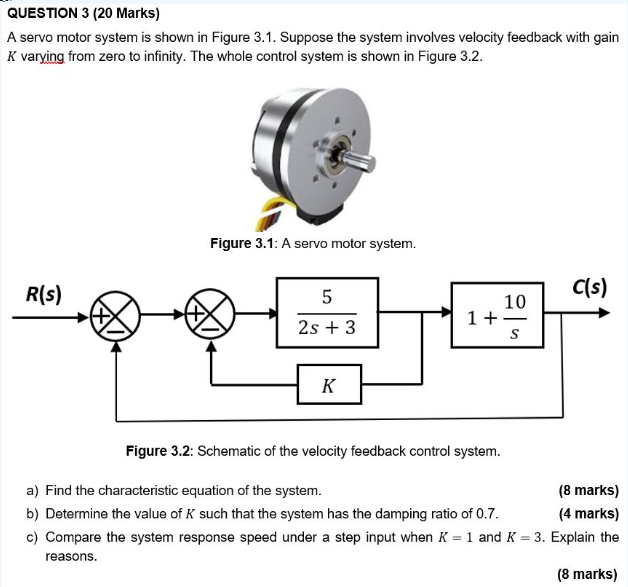A servo motor system is shown in Figure 3.1. Suppose the system involves velocity feedback with gain \( K \) varying from zer