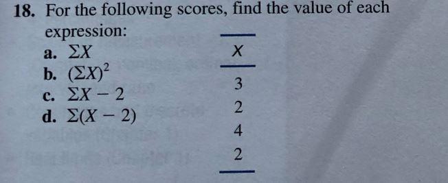 Solved 18. For the following scores, find the value of each | Chegg.com