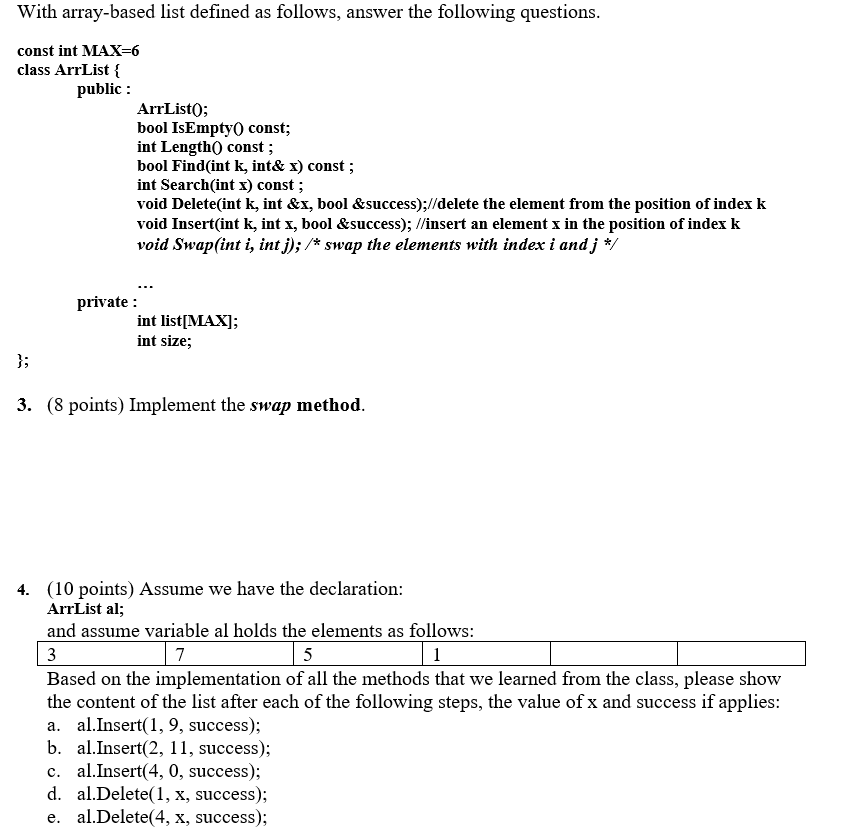 Solved With array-based list defined as follows, answer the | Chegg.com