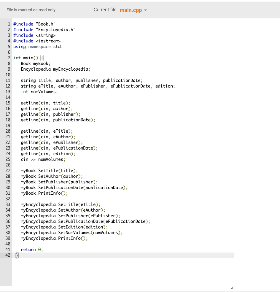 Solved Given main() and a base Book class, define a derived | Chegg.com