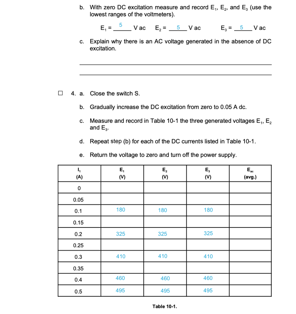 b. With zero DC excitation measure and record E,, E2, | Chegg.com