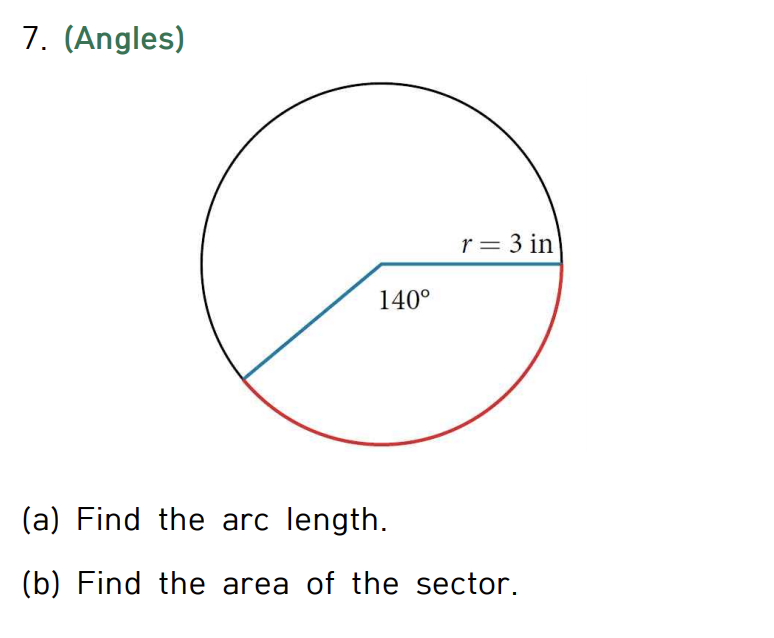 Solved 7. (Angles) r= 3 in 140° (a) Find the arc length. (b) | Chegg.com