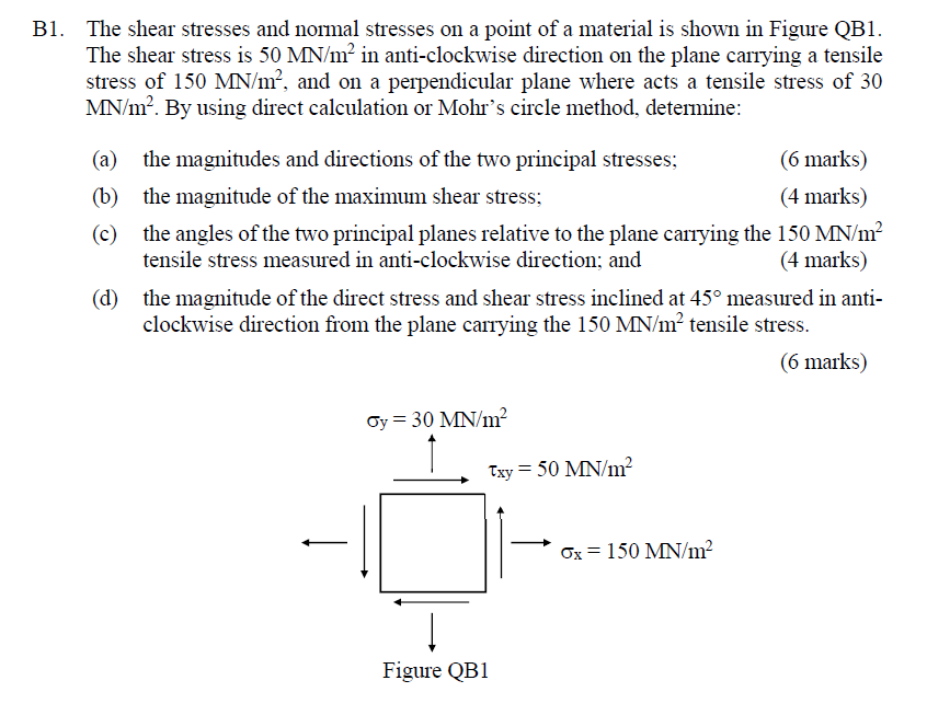 Solved B1. The shear stresses and normal stresses on a point | Chegg.com