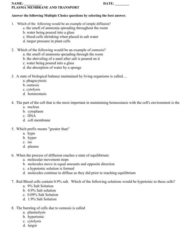 Solved DATE: NAME: PLASMA MEMBRANE AND TRANSPORT Answer the | Chegg.com