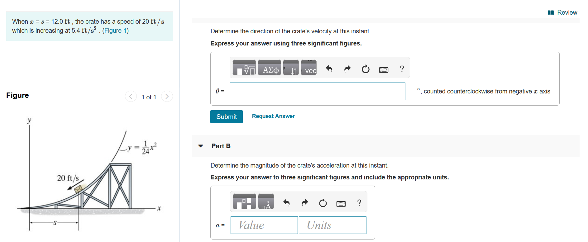 Solved 1 Review When x = s = 12.0 ft , the crate has a speed | Chegg.com