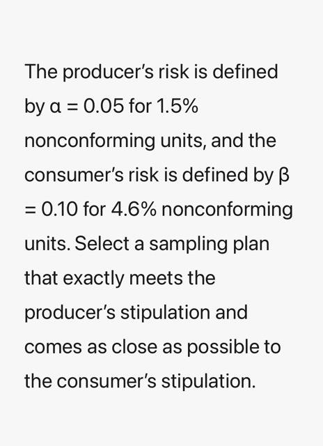 Solved The producer's risk is defined by a = 0.05 for 1.5% | Chegg.com