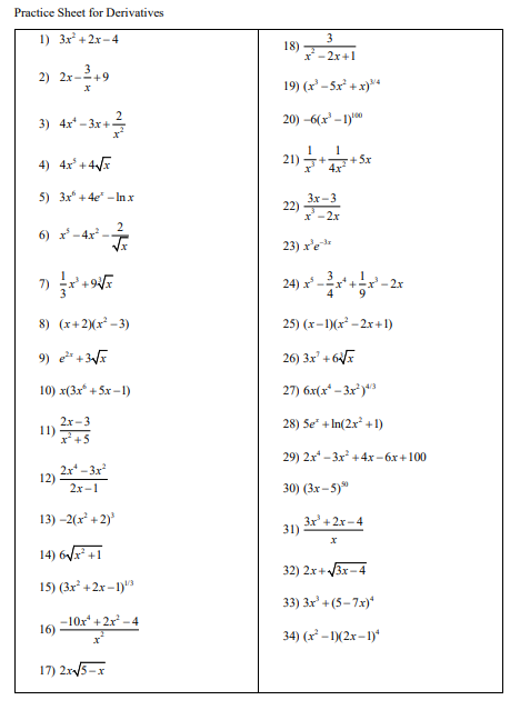 Solved Practice Sheet for Derivatives 1) 3x + 2x - 4 18) 3 | Chegg.com