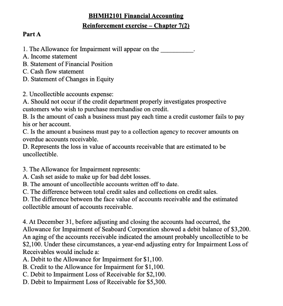 Solved BHMH2101 Financial Accounting Reinforcement Exercise | Chegg.com