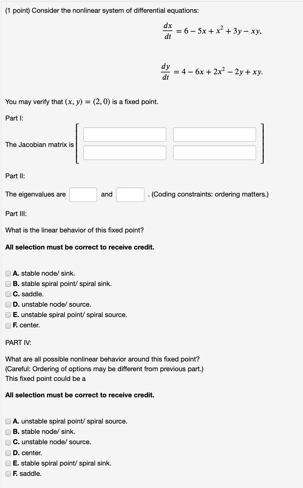 Solved (1 point) Consider the nonlinear system of | Chegg.com
