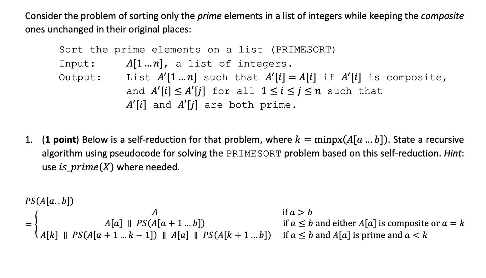 Solved Consider the problem of sorting only the prime | Chegg.com