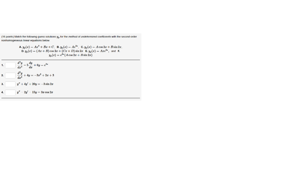 Solved 16 Points) Match The Following Guess Solutions Yp For | Chegg.com