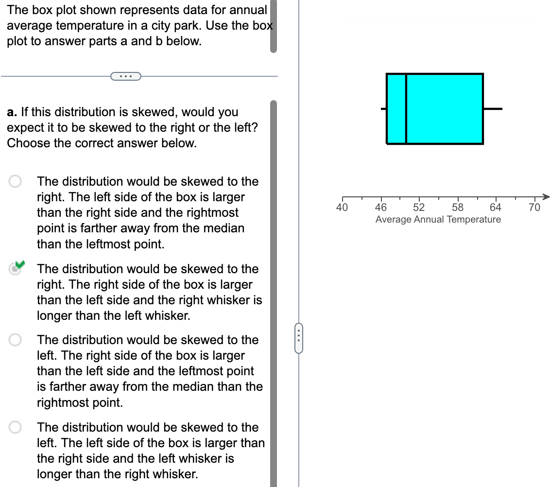 The box plot shown represents data for annual average temperature in a city park. Use the box plot to answer parts \( a \) an