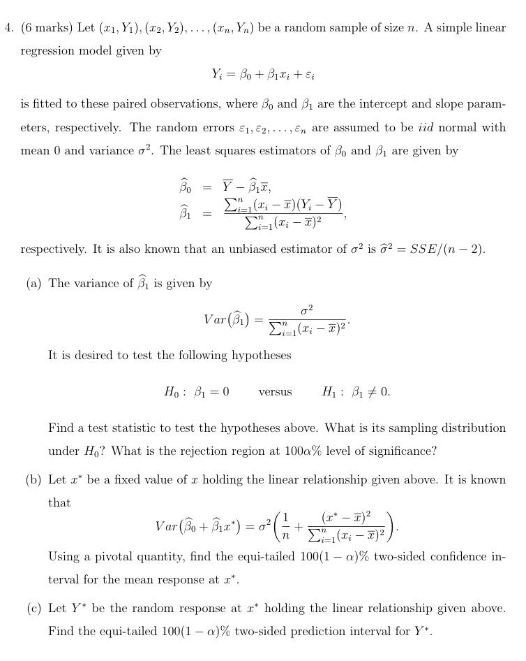 Solved 4. (6 Marks) Let (x1,y1),(x2,y2),…,(xn,yn) Be A 