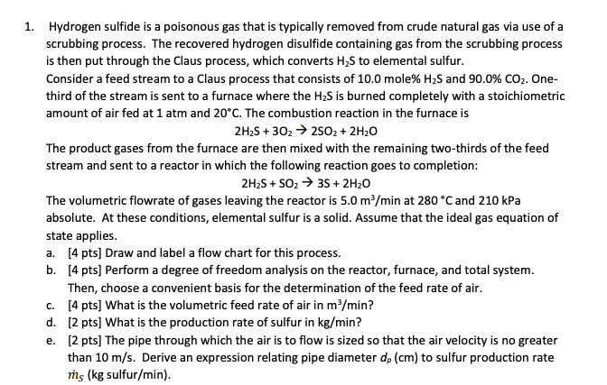 Solved 1. Hydrogen sulfide is a poisonous gas that is | Chegg.com