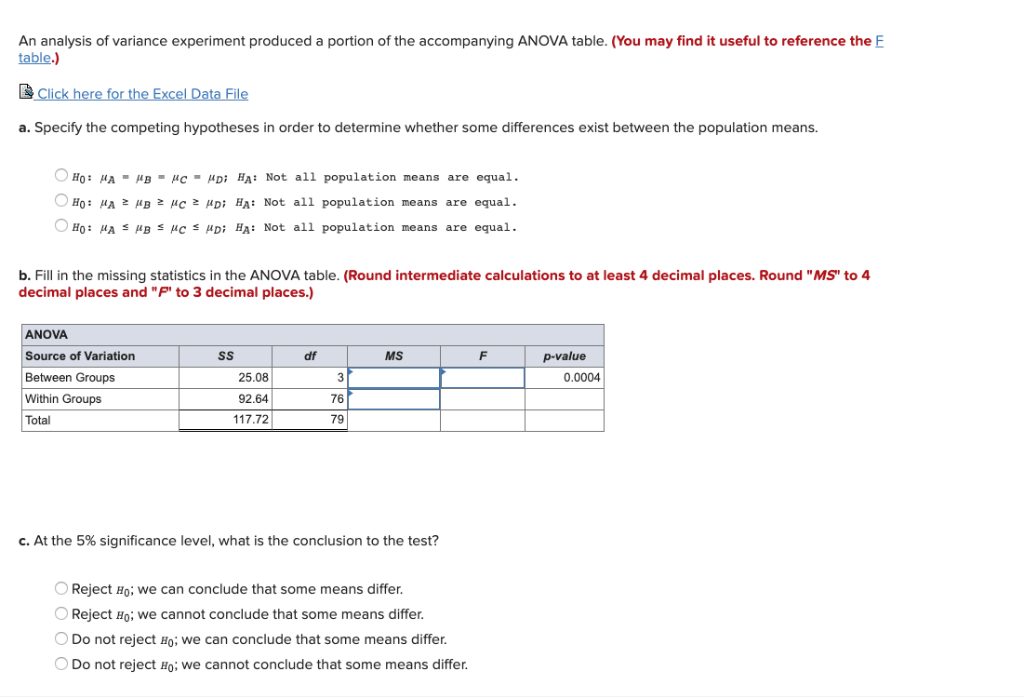 Solved An analysis of variance experiment produced a portion | Chegg.com