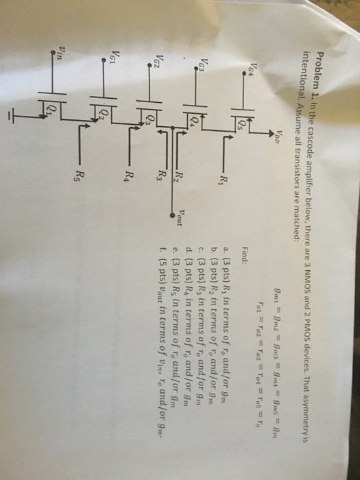 Solved cascode amplifier below, there are 3 NMOS and 2 PMOS | Chegg.com