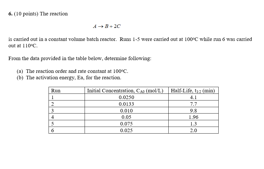 Solved 6. (10 points) The reaction A → B+2C is carried out | Chegg.com