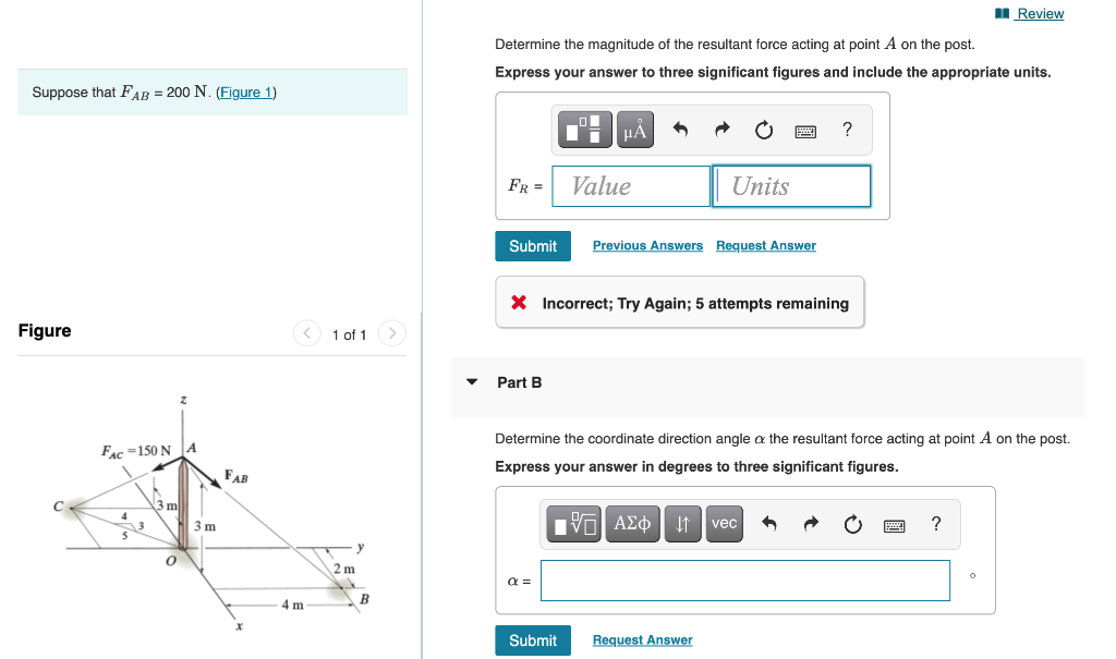 Determine the magnitude of the resultant force acting at point \( A \) on the post.
Express your answer to three significant 