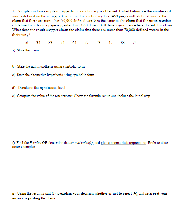 Solved 2. Simple random sample of pages from a dictionary is | Chegg.com