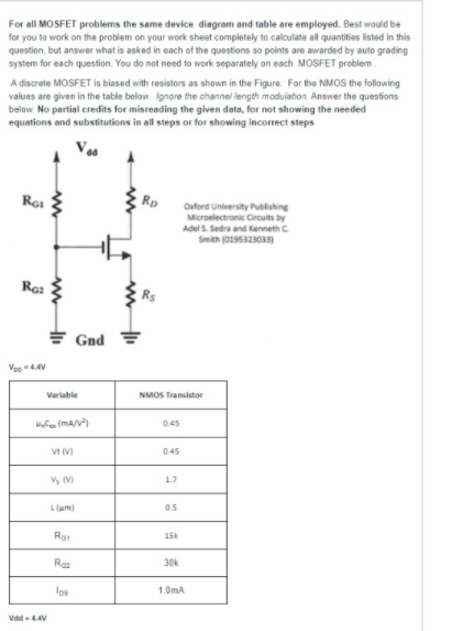 Solved For All MOSFET Problems The Same Device Diagram And | Chegg.com