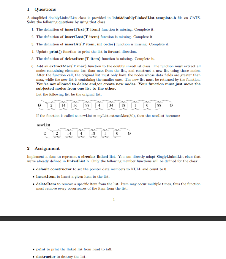 Solved 1 Questions A simplified doublyLinkedList class is | Chegg.com