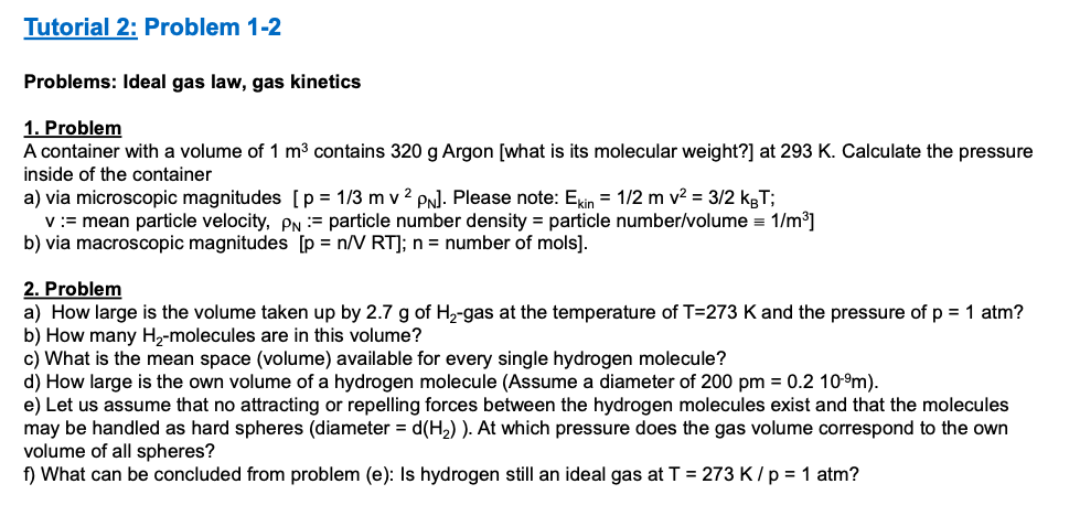Solved Tutorial 2: Problem 1-2 Problems: Ideal gas law, gas | Chegg.com
