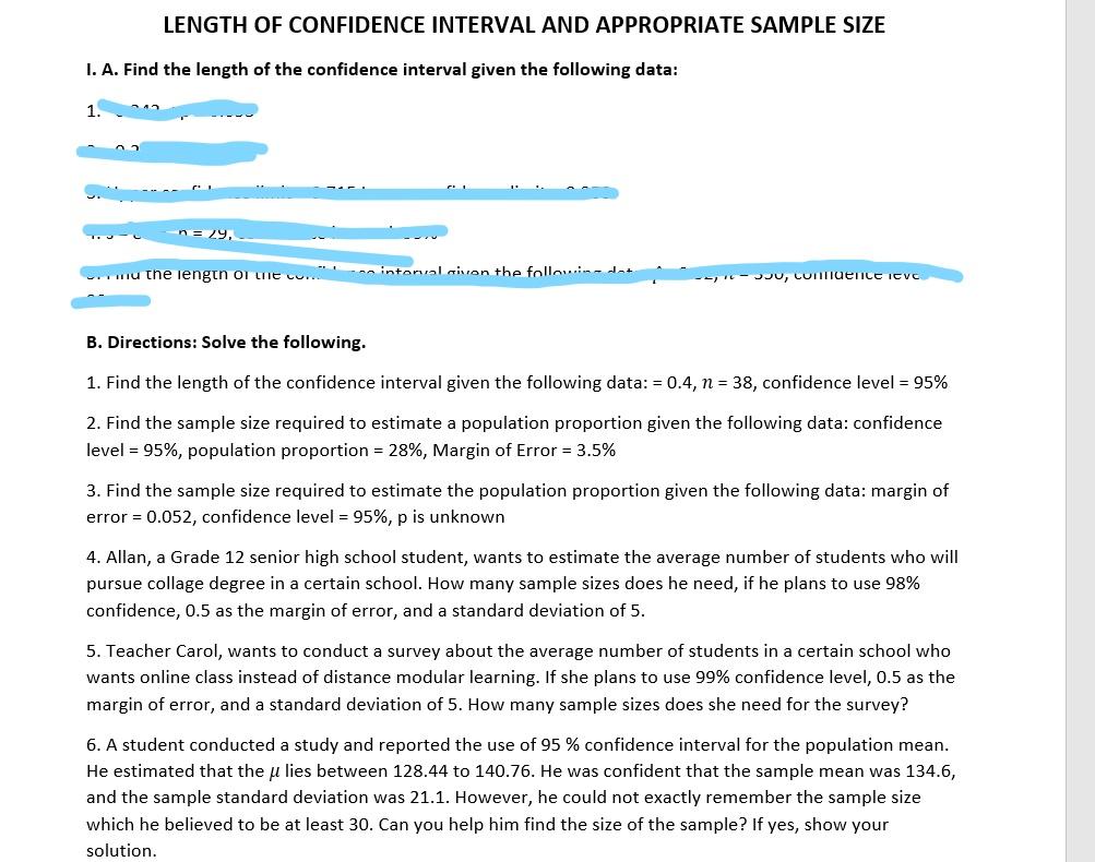 Solved LENGTH OF CONFIDENCE INTERVAL AND APPROPRIATE SAMPLE