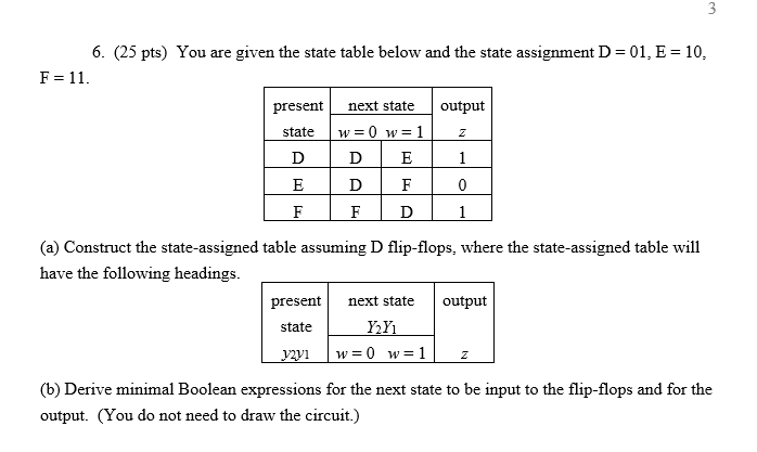 Solved 3 6. (25 pts) You are given the state table below and | Chegg.com
