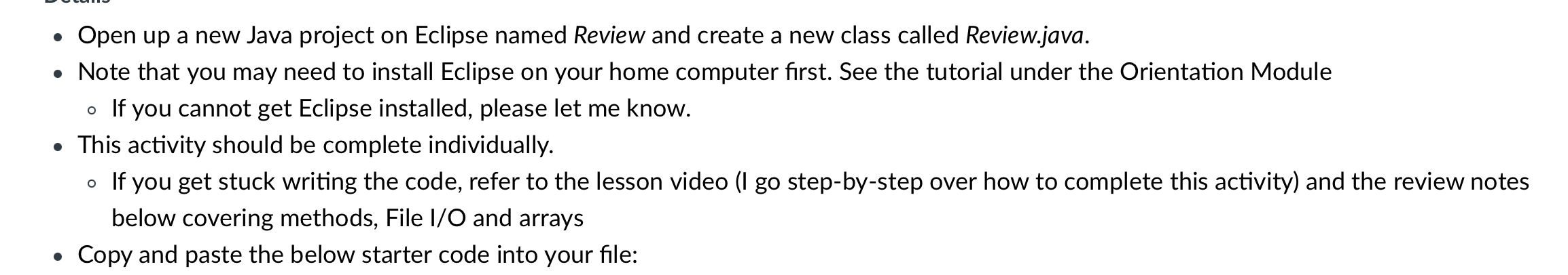 Solved . Open up a new Java project on Eclipse named Review | Chegg.com