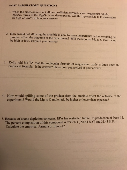 Solved POST LABORATORY QUESTIONS 1. When the magnesium is | Chegg.com