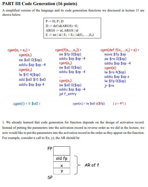 PART III Code Generation (16 points) A simplified | Chegg.com