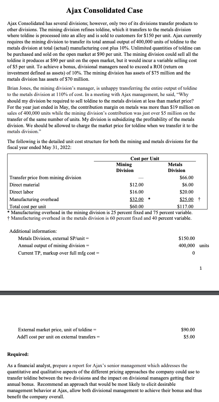 Solved Ajax Consolidated Case. Ajax Consolidated has | Chegg.com