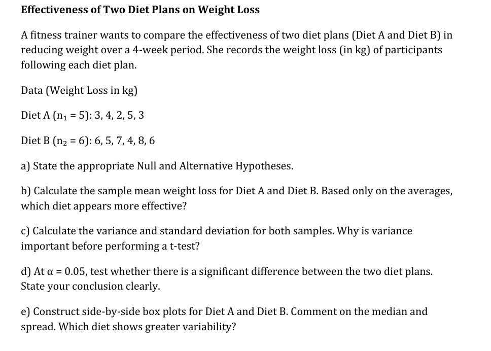 Solved Effectiveness of Two Diet Plans on Weight Loss A | Chegg.com