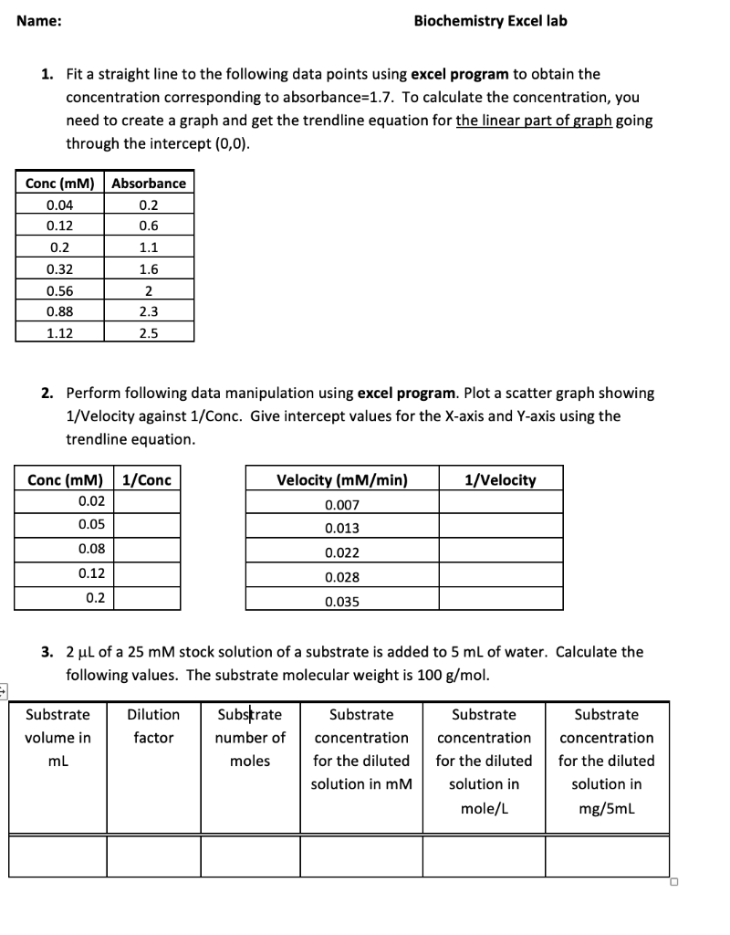 Name: Biochemistry Excel lab 1. Fit a straight line | Chegg.com