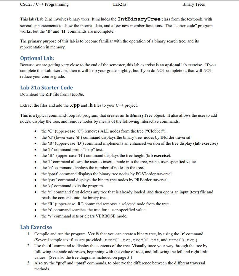 Solved CSC237 C++ Programming Lab21a Binary Trees This lab | Chegg.com