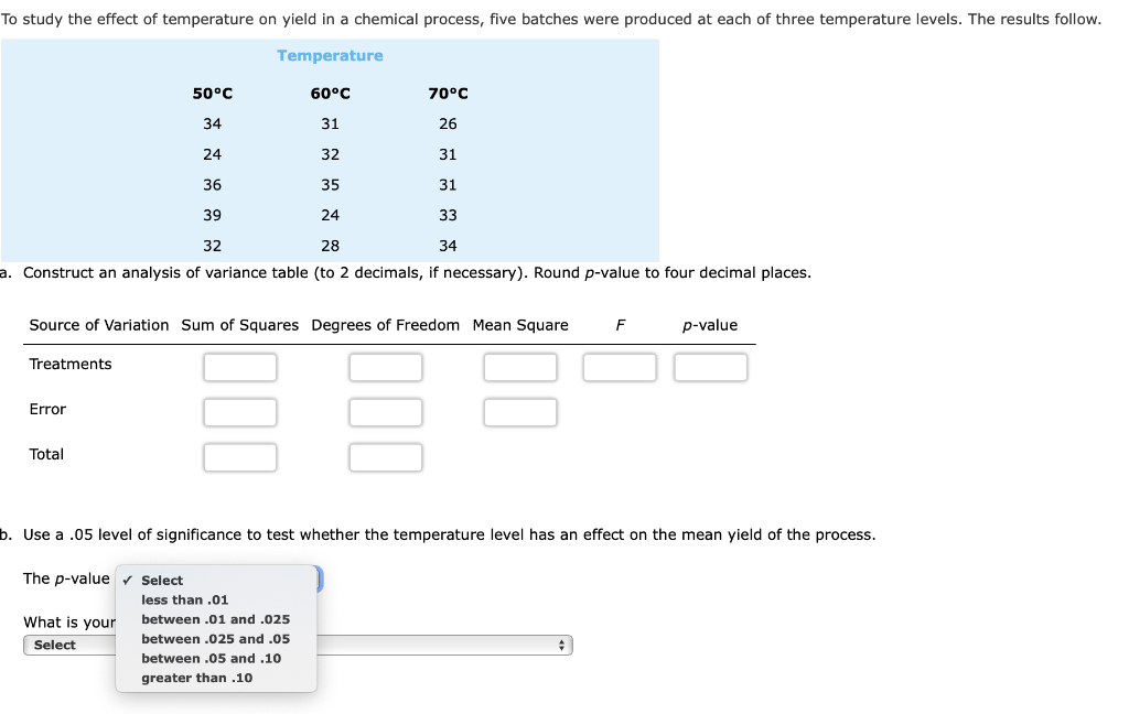 Solved To study the effect of temperature on yield in a | Chegg.com