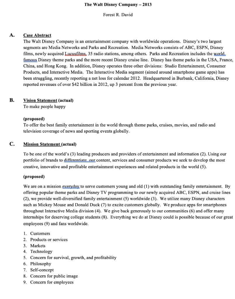 Solved The Walt Disney Company - 2013 Forest R. David A. | Chegg.com