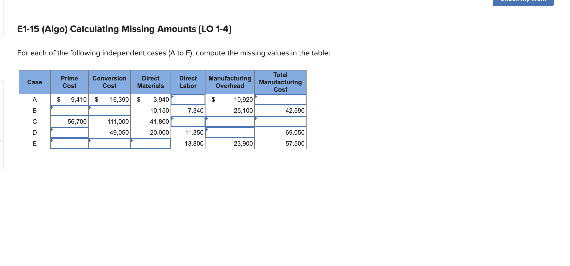 E1 15 Algo ﻿calculating Missing Amounts Lo 1 4 For 1916