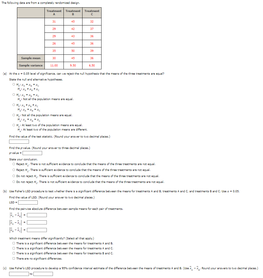 Solved The following data are from a completely randomized | Chegg.com